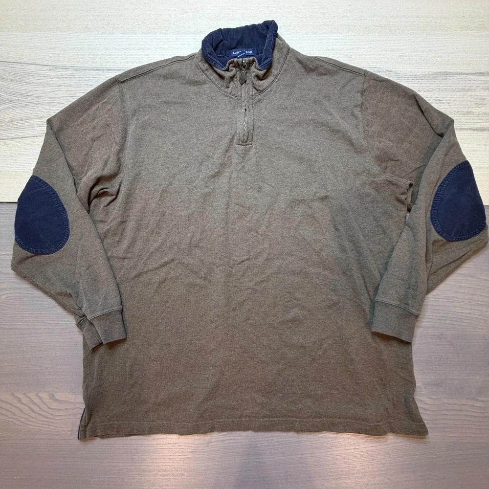 Land's End Sweater Mens XXL Quarter Zip Pullover Elbow Patch Gray‎ Cotton